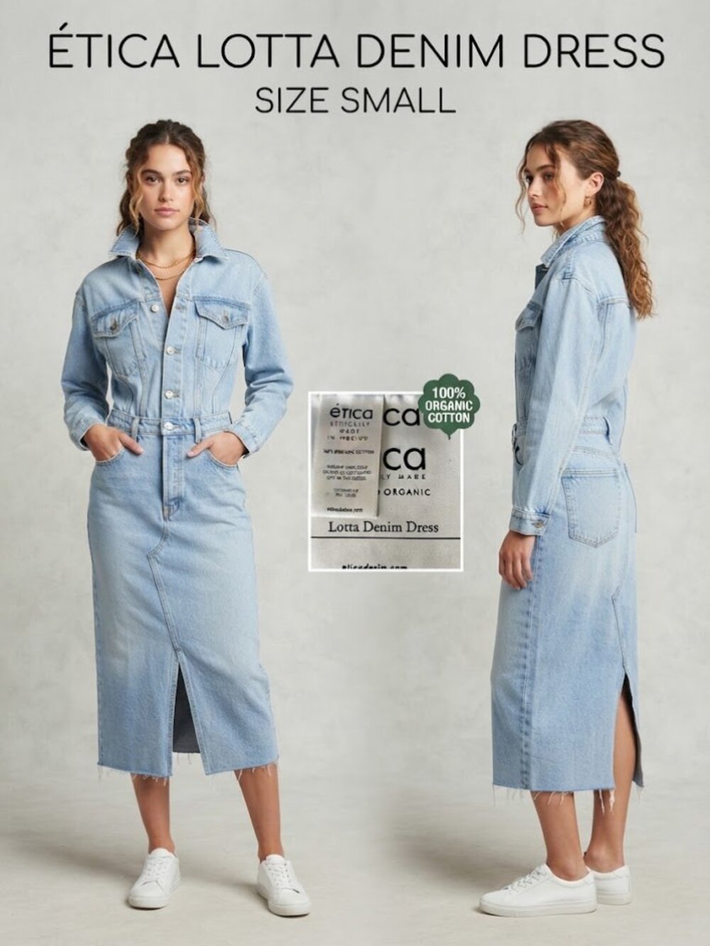 Etica Light Blue Lotta Denim Button up Front Pocket Women's Midi Dress Sz Small